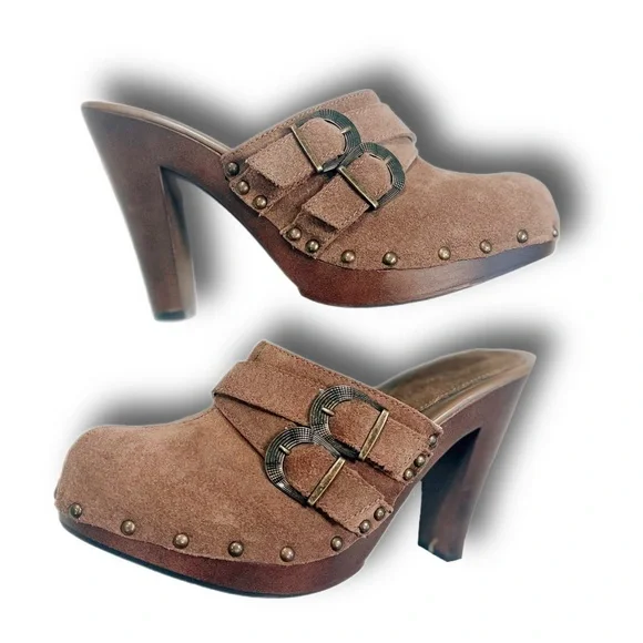 Vintage Shoes Suede Boho Hippie Leather Platform Mules Sz